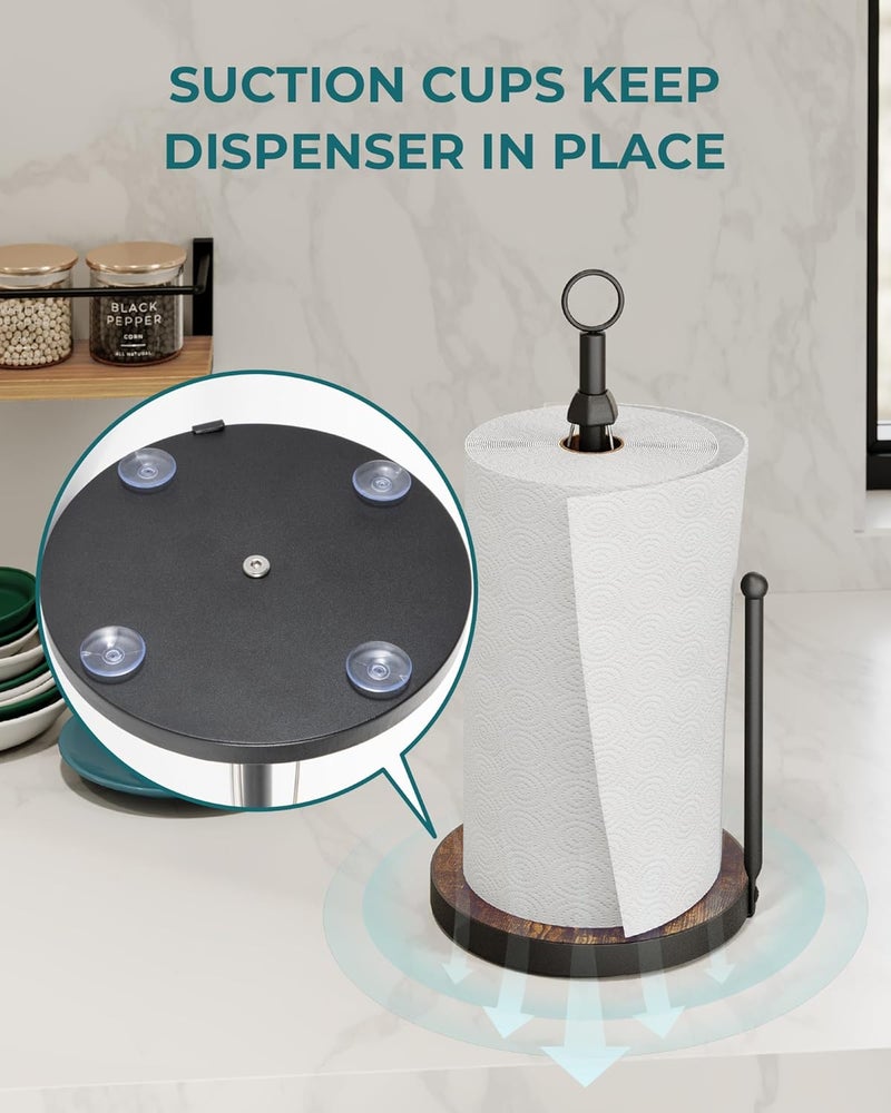 OROPY One-Hand Tear Paper Towel Holder Countertop, Farmhouse Wood Paper Towel Roll Holder with Ratchet Mechanism and Suction Cups fits Standard and Jumbo Size Paper Towels - Image 3